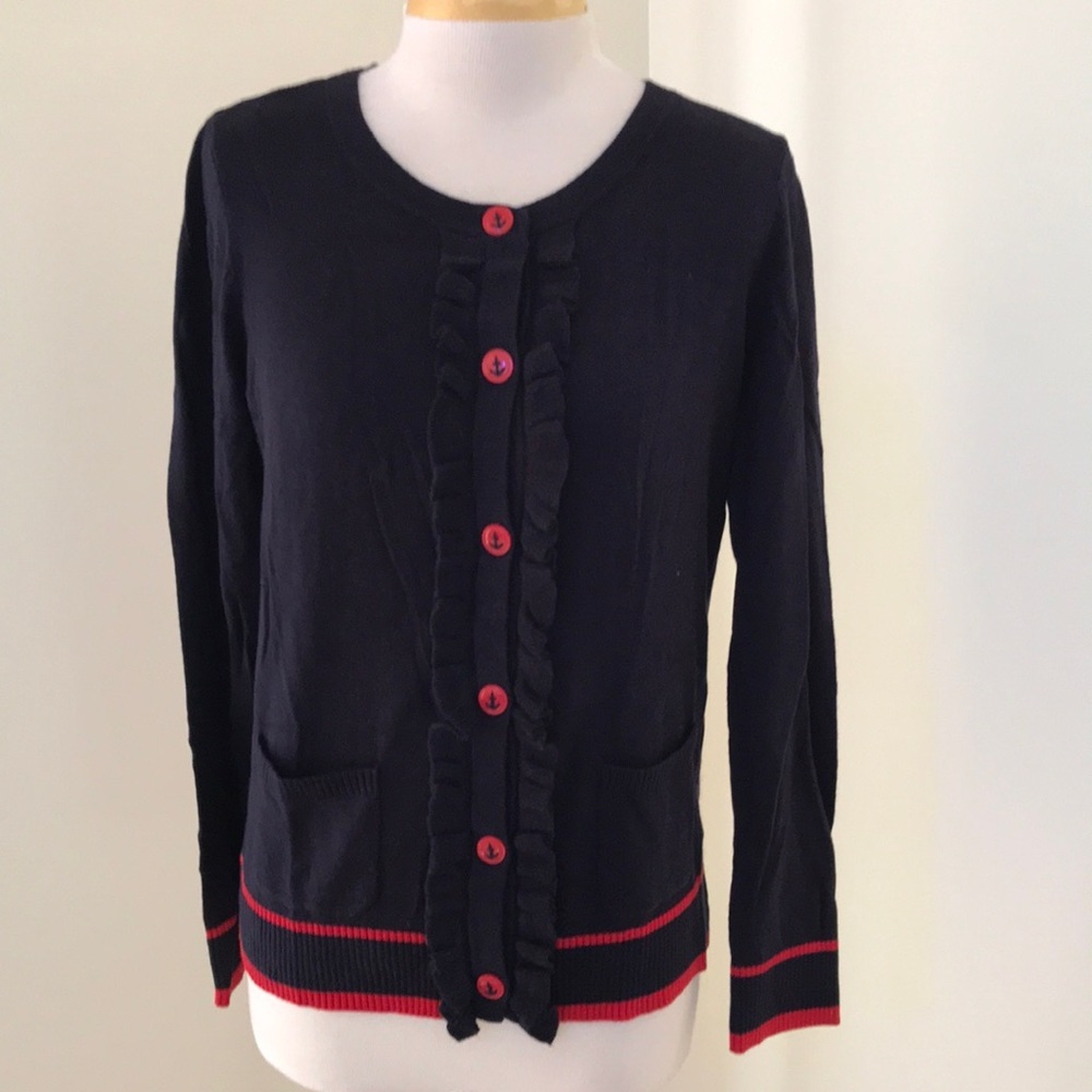 TALBOTS size M navy with red trim ruffled cardigan